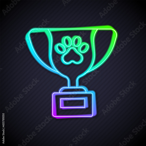 Glowing neon line Pet award symbol icon isolated on black background. Medal with dog footprint as pets exhibition winner concept. Vector
