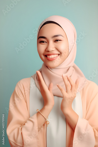 Portrait of a beautiful young Muslim woman with hijab on color background, closeup, smile, with copyspace, for banner background. photo