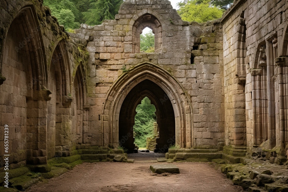 Historic stone building with ancient archway, gothic ruins, and religious significance. Generative AI