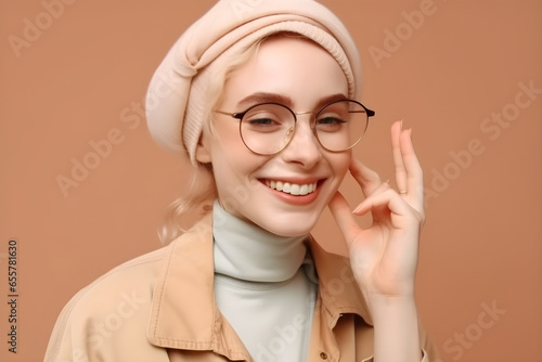 Portrait of a beautiful young Muslim woman with hijab on color background, closeup, smile, with copyspace, for banner background. photo