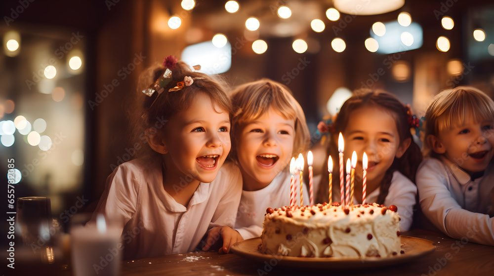 Kids looking at birthday cake with candles, having celebration of birthday party Kids looking at birthday cake with candles, having celebration of birthday party