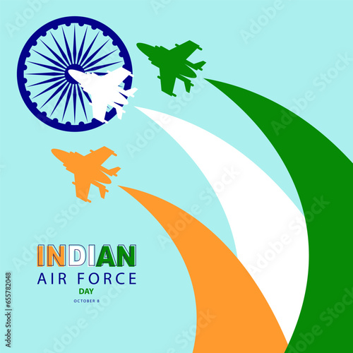 Indian Air Force Day on october 8, with concept three silhouettes of air force plane flying with smoke colored according to the color of the Indian flag vector illustration and text on blue background