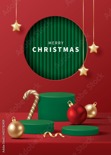 Christmas poster for product demonstration. Green pedestal or podium with bauble, candy cane and stars on red background.