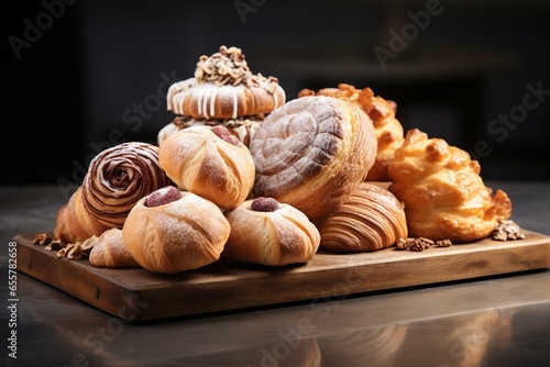 Freshly baked pastries on a white table. Generative AI