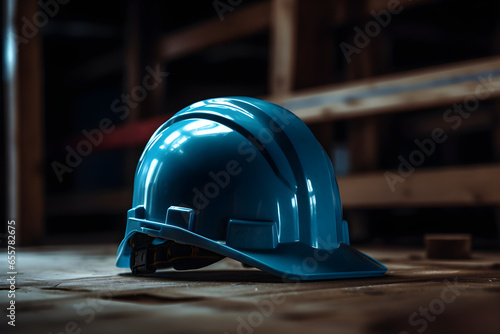 Blue hard hat on construction site background with copy space. Industrial concept, work protection, construction safety industry concept