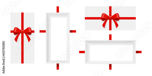 Open a long mystery gift box horizontal and vertical with a red ribbon on isolated white background. Random secret loot box top view concept. Vector illustration cartoon flat design.