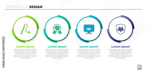 Set Pet cat toy, award symbol, Fish and Animal health insurance. Business infographic template. Vector