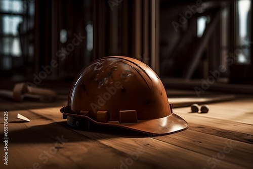 Brown hard hat on construction site background with copy space. Industrial concept, work protection, construction safety industry concept