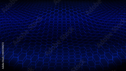 Wavy layered cell hexagon grid network, science tech digital shiny dark blue background