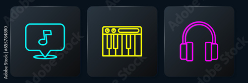Set line Music note, tone, Headphones and synthesizer. Black square button. Vector