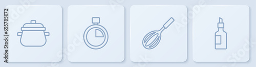 Set line Cooking pot, Kitchen whisk, Stopwatch and Bottle of olive oil. White square button. Vector