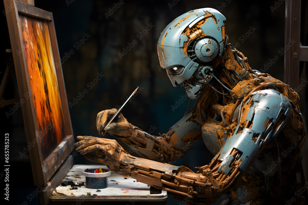 The android robot paints on canvas. The concept of creating works of art using artificial intelligence, NFT. Artificial intelligence and creativity. The android robot paints on canvas. The concept of creating works of art using artificial intelligence, NFT. Artificial intelligence and creativity.
