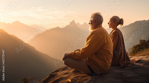 Elderly old couple practicing mindfulness and meditation in a serene mountain environment. Sitting together fully immersed in the tranquility of nature. Peaceful ambiance and lifelong love scene.