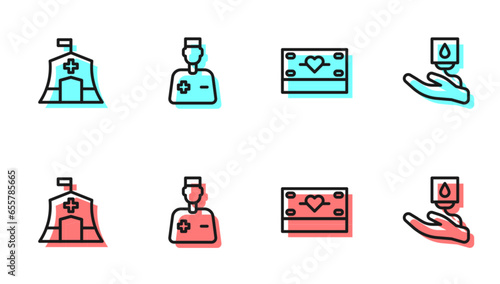 Set line Donation and charity, Emergency medical tent, Male doctor and Blood donation icon. Vector