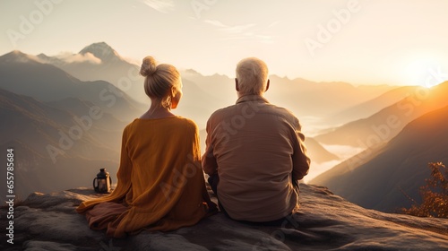 Elderly old couple practicing mindfulness and meditation in a serene mountain environment. Sitting together fully immersed in the tranquility of nature. Peaceful ambiance and lifelong love scene.