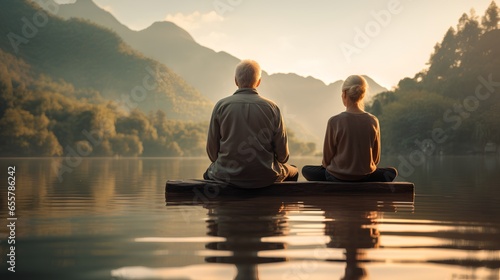 Elderly old couple practicing mindfulness and meditation in a serene mountain environment. Sitting together fully immersed in the tranquility of nature. Peaceful ambiance and lifelong love scene. © TensorSpark