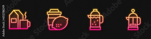 Set line French press, Cup of tea with milk, lemon and . Glowing neon icon. Vector