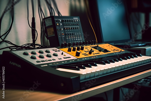 Close up of electronic synthesizer with keyboard and mouse in recording studio, creative, performance, music concept