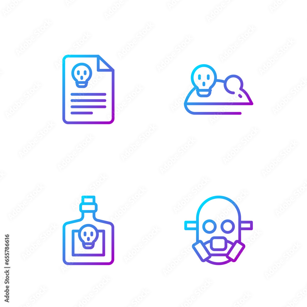 Set line Gas mask, Bottle with potion, Radiation warning document and Experimental mouse. Gradient color icons. Vector Set line Gas mask, Bottle with potion, Radiation warning document and Experimental mouse. Gradient color icons. Vector