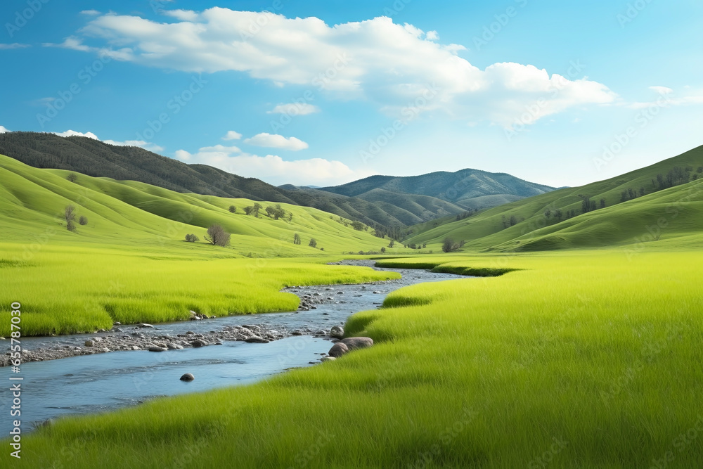Green grasses with clean rivers in the background of a beautiful spring landscape. Natural and landscape concept.