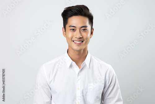 Portrait of a smiling young Asian man standing and looking at the camera with a white background.