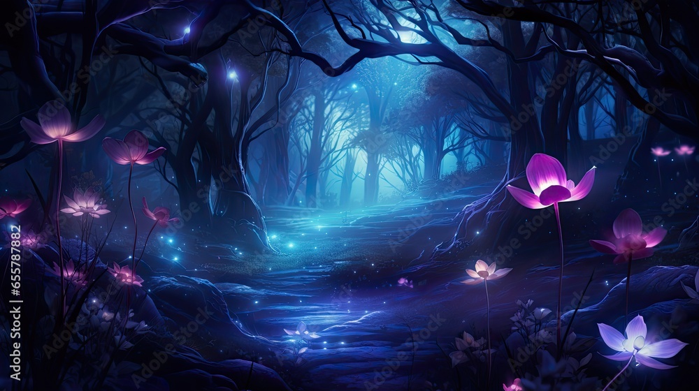 Fototapeta premium Fantasy Forest at Night Magic Glowing Flowers in Fairytale Wood