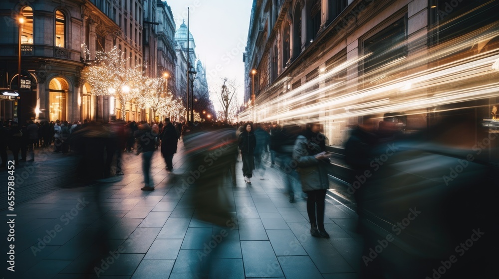 Fast Moving Crowd of People on a Busy Street with Long Exposure