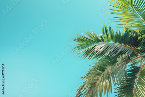 Coconut palm tree on blue sky background with copyspace, summer holiday vacation concept, for banner background.