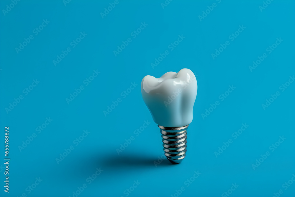 Dental tooth implant isolated on blue background. Oral health, Dental care clinic concept Dental tooth implant isolated on blue background. Oral health, Dental care clinic concept