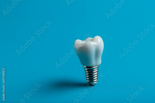 Dental tooth implant isolated on blue background. Oral health, Dental care clinic concept