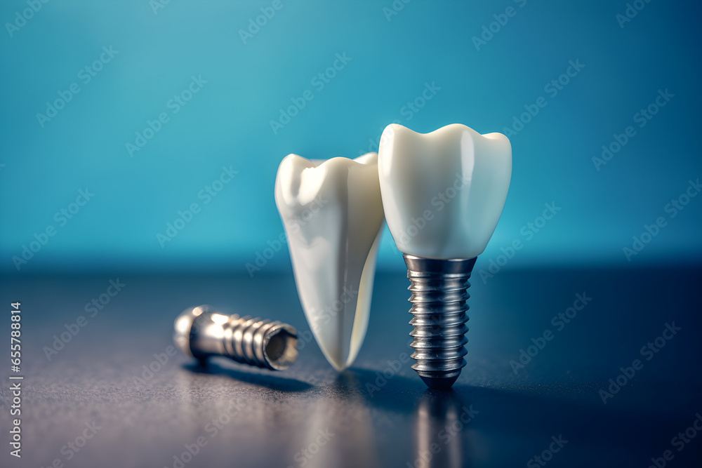 Dental tooth implant isolated on blue background. Oral health, Dental care clinic concept Dental tooth implant isolated on blue background. Oral health, Dental care clinic concept