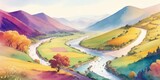 Watercolor Breathtaking Valley. Digital Watercolor Illustration. HD Watercolor Wallpaper. Children Story Book Illustration. 2d Watercolor Illustration. Generative AI