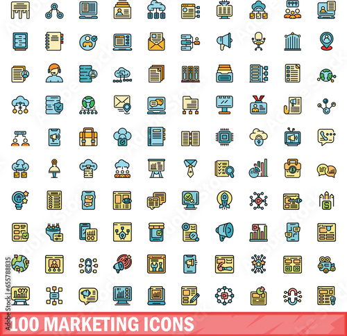 100 marketing icons set. Color line set of marketing vector icons thin line color flat on white