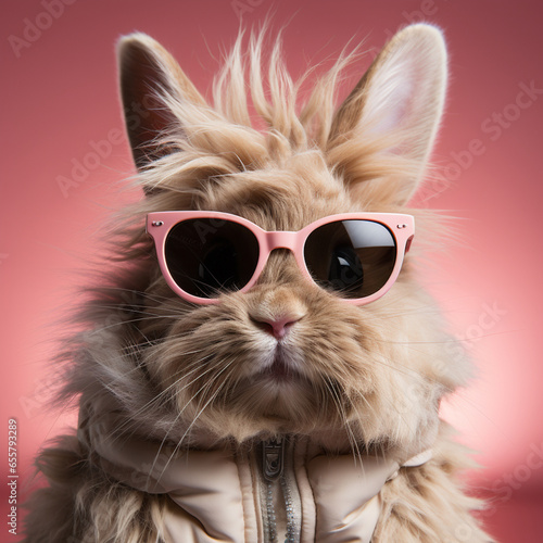 Rabbit in pink sunglasses on pink background