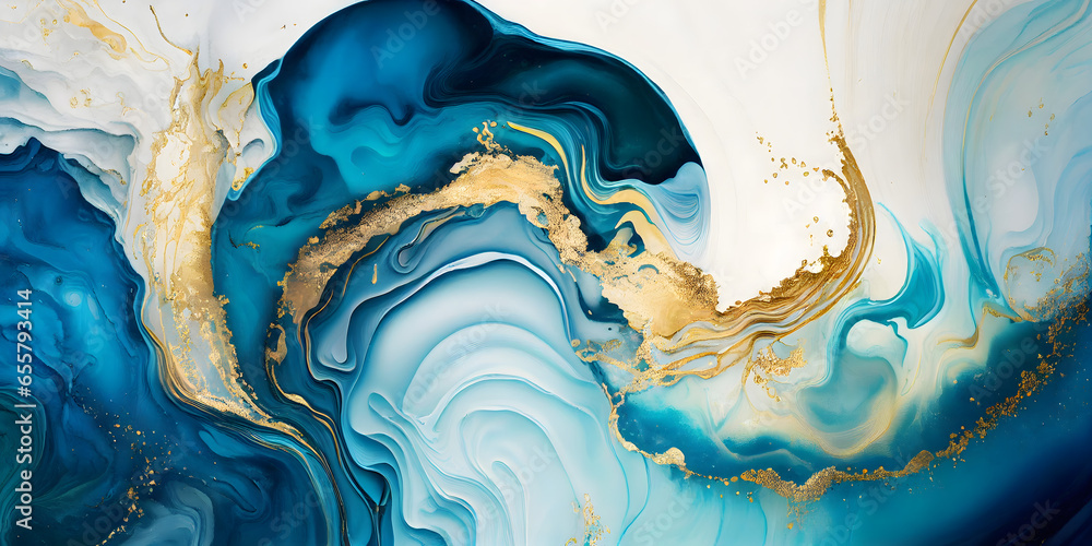 Swirl of blue gold marble abstract background, Liquid marble design abstract, light blue azure tones with golden, Paint marble texture. generative ai.