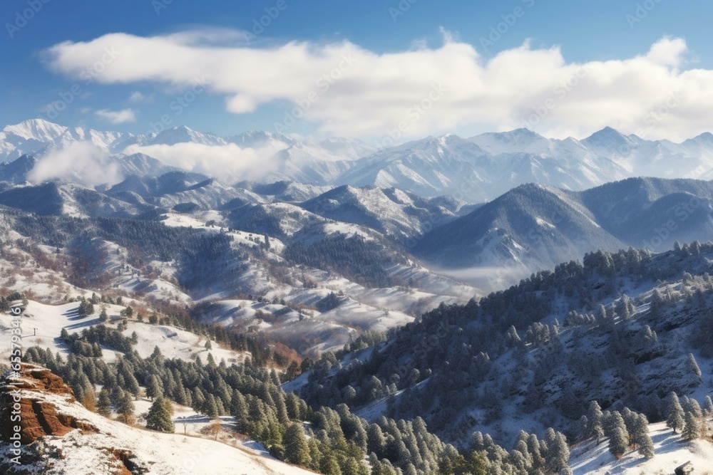 A scenic view of snowy mountains during winter. Generative AI