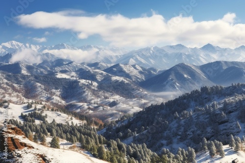 A scenic view of snowy mountains during winter. Generative AI