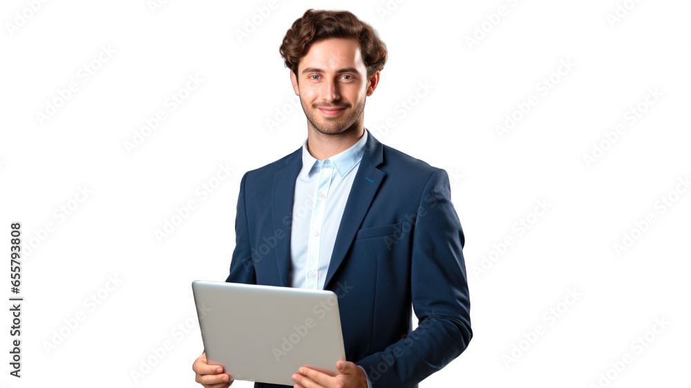 Portrait of young smiling man holding laptop and looking at the camera. Transparent background or PNG file. Generated by AI Portrait of young smiling man holding laptop and looking at the camera. Transparent background or PNG file. Generated by AI