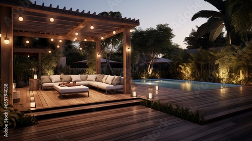 Evening Elegance: Luxurious Morning Garden Transforms with Teak Deck, Pergola, and Poolside Relaxation