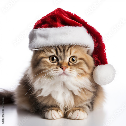 Funny cat in red New Year's hat on white background © Julia
