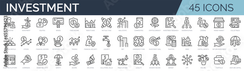 Set of 45 outline icons related to investment. Linear icon collection. Editable stroke. Vector illustration