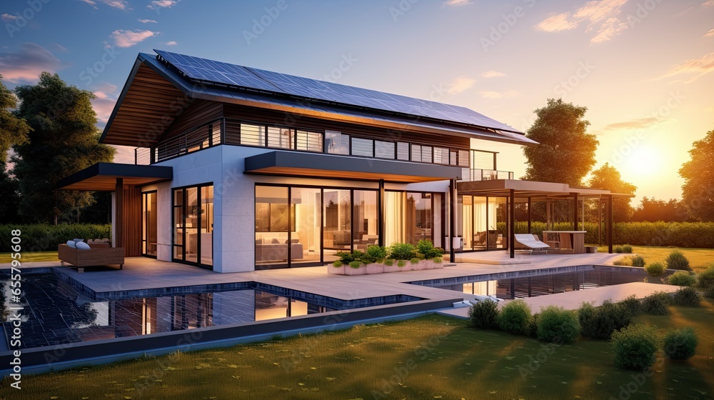 Modern House with Solar Panels on the Roof at Sunset