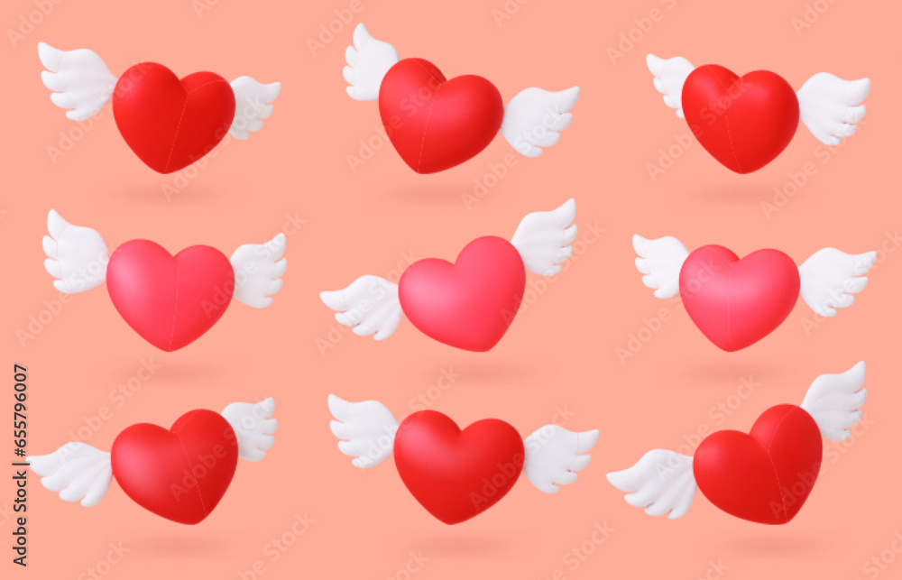 3d hearts with wings. Flying red heart, valentines day romantic symbols. Wedding, marriage or love relationship. Cute pithy vector collection