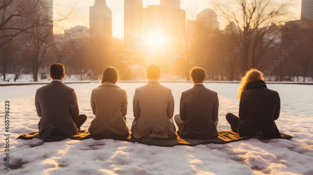 Group of diverse business people practicing mindfulness and meditation in urban city park. Sitting on ground, away from the corporate world to find mental peace and strength together with colleagues. Group of diverse business people practicing mindfulness and meditation in urban city park. Sitting on ground, away from the corporate world to find mental peace and strength together with colleagues.