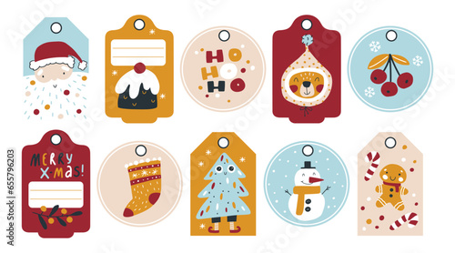 Christmas stickers collection for gift tags. Funny cute characters and decor in a simple hand-drawn modern childish style. Vector illustration in limited trend palette.