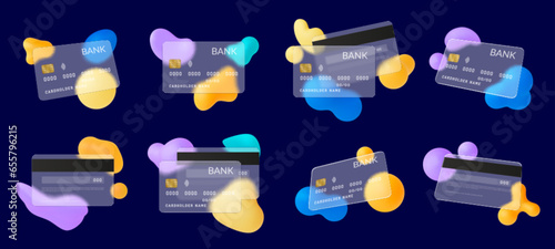 Credit card glassmorphism style. Bank cards blurring effect, transparent frosted glass. 3d colorful abstract shapes, matt plastic pithy vector template