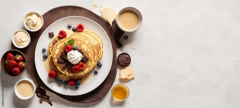 Fresh golden pancakes with cream and chocolate, fruit isolated on a white background. Copy space