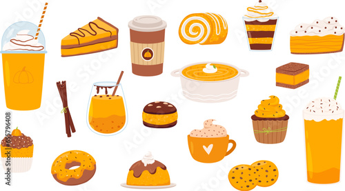 Fall pumpkin spice latte. Cupcakes and autumn desserts, hot sweet drinks in mug and food. Pie slice and donut, cookies snugly vector clipart