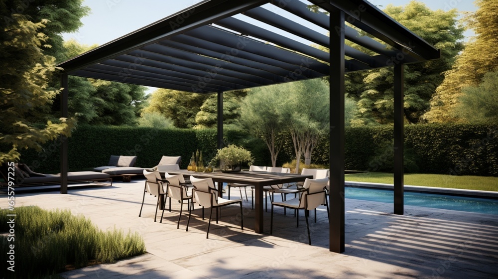 Outdoor Elegance: Modern Patio Furniture Ensemble with Pergola Shade, Awning, Dining Table, Seating, and Metal Grill