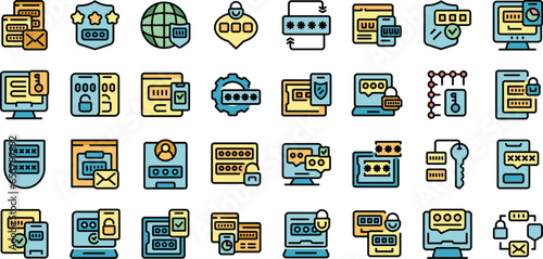Multi factor authentication icons set outline vector. Laptop security. Web computer thin line color flat on white